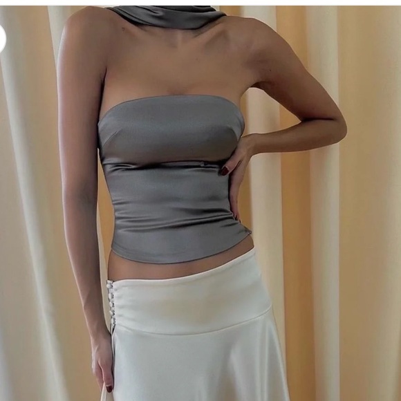 mixed gals cherie neck tie top, gray green - Picture 3 of 6